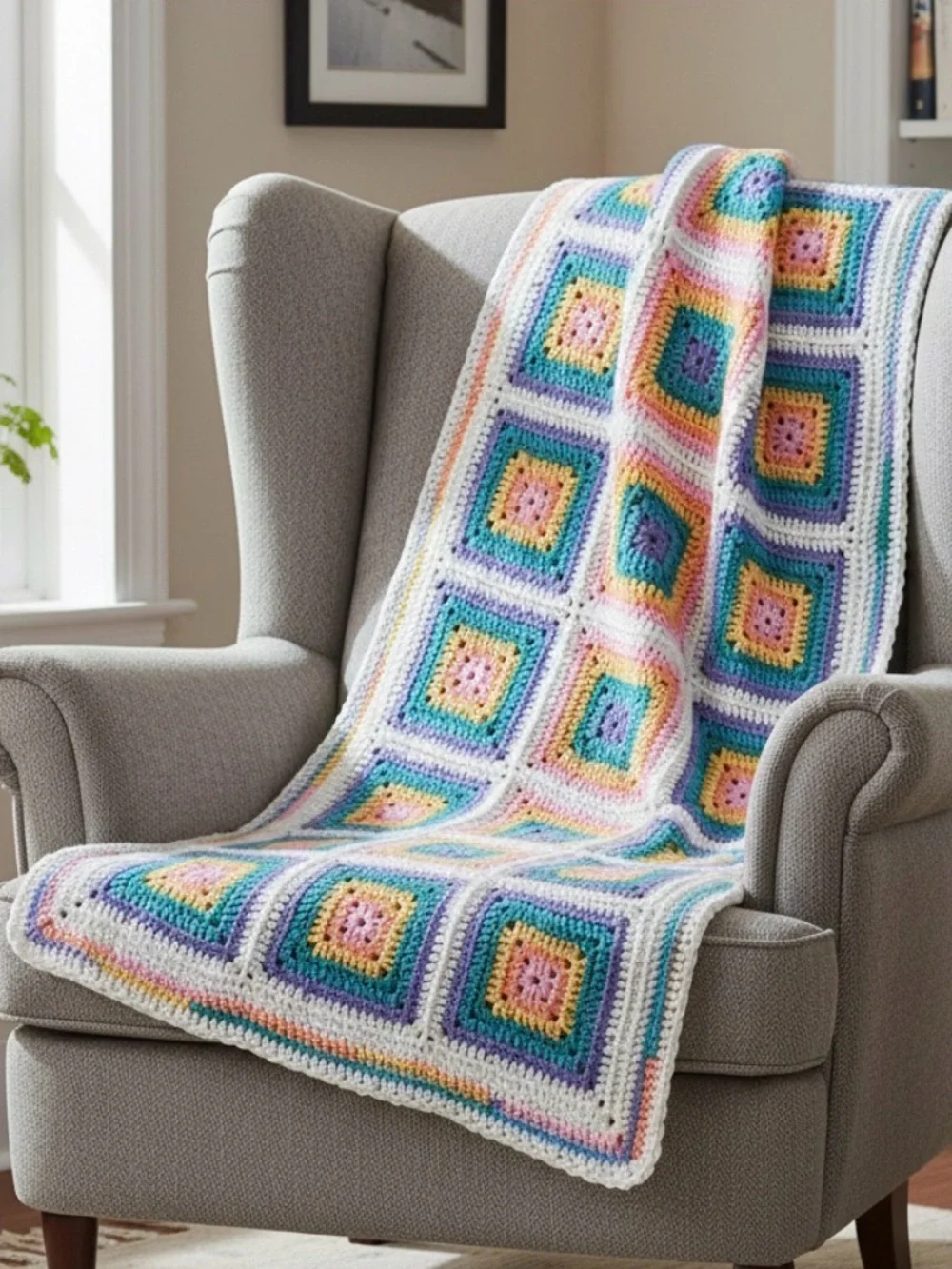 Vintage 70s  Square Granny Afghan Crochet Baby, Chair Blanket  35.5 Inches